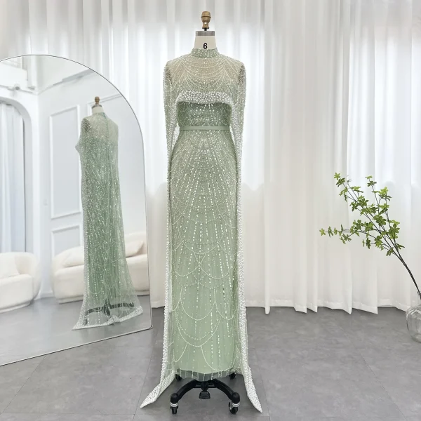 Luxury Pearls with Cape Sleeveless Crystal Sequined Mermaid Wedding Party Evening Maxi Dresses - Image 23