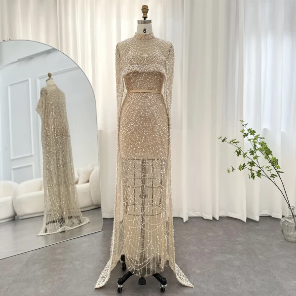 Luxury Pearls with Cape Sleeveless Crystal Sequined Mermaid Wedding Party Evening Maxi Dresses - Image 3