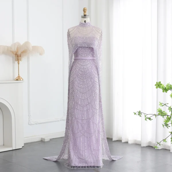 Luxury Pearls with Cape Sleeveless Crystal Sequined Mermaid Wedding Party Evening Maxi Dresses - Image 39