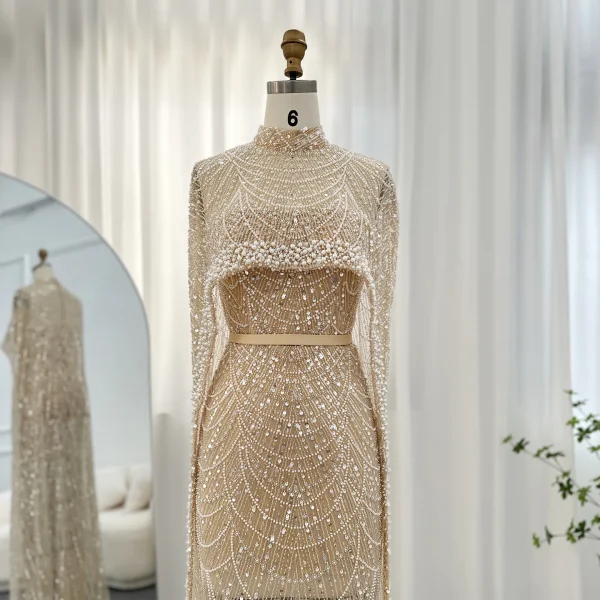 Luxury Pearls with Cape Sleeveless Crystal Sequined Mermaid Wedding Party Evening Maxi Dresses - Image 10