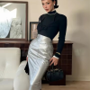 Luxury Pu Leather Back Slit Mid-Calf High Waist Midi Pencil Skirt - Image 2