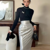 Luxury Pu Leather Back Slit Mid-Calf High Waist Midi Pencil Skirt - Image 3