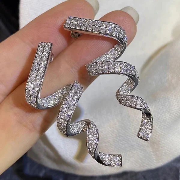 Sparkling Trendy Luxury Rotational Ribbon Shaped Long Hanging Earrings - Image 3