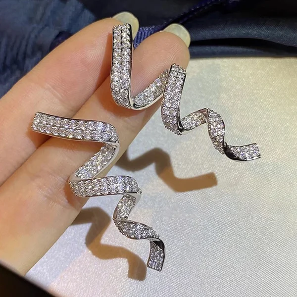 Sparkling Trendy Luxury Rotational Ribbon Shaped Long Hanging Earrings - Image 2