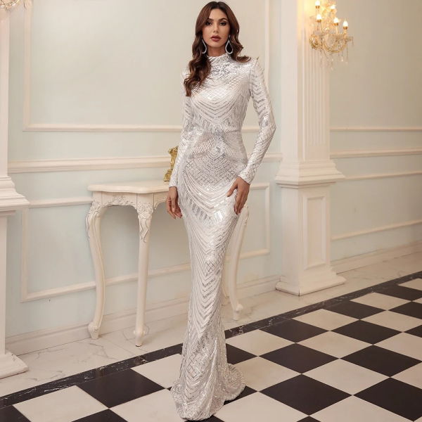 Elegant Turtleneck Sequin Long Sleeve High Neck Evening Party Bodycon Maxi Dress - Image 3