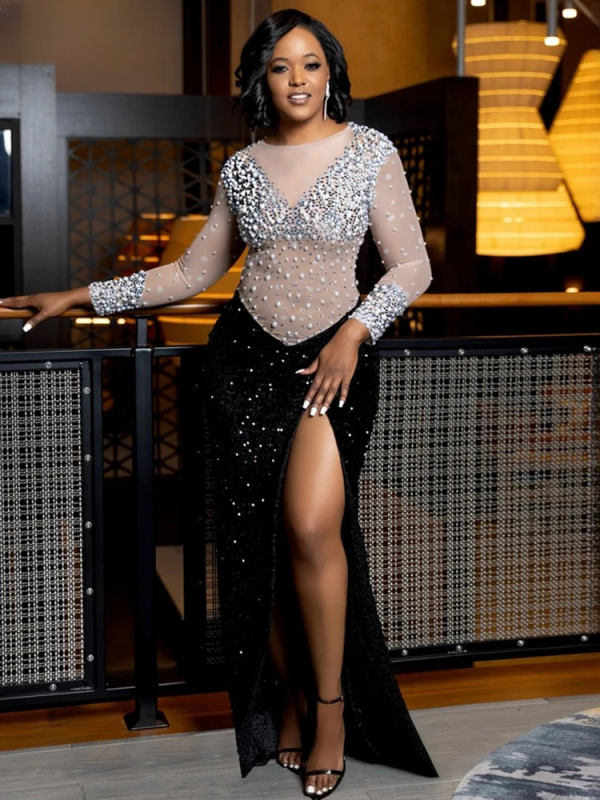 Rhinestone Pearl Mesh O Neck Long Sleeve See Though Patchwork Bodycon Evening Party Long Maxi Dresses