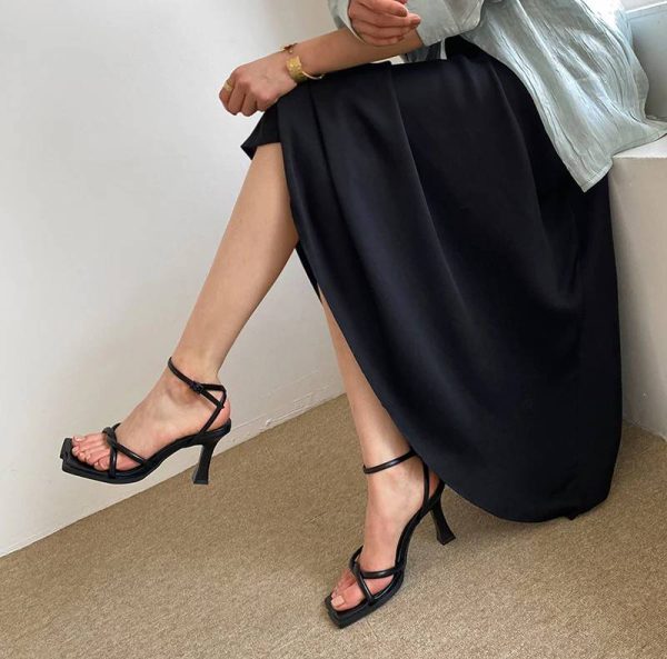 Elegant Buckle Strap Narrow Band Ankle Strap High Square Toe Heel Sandals