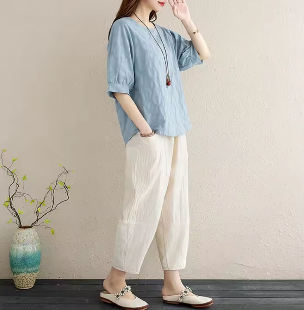 2Pcs Solid Short Sleeve Blouse Pants Office Lady Cotton Linen Set Casual Loose Tops And Trousers Sets - Image 3