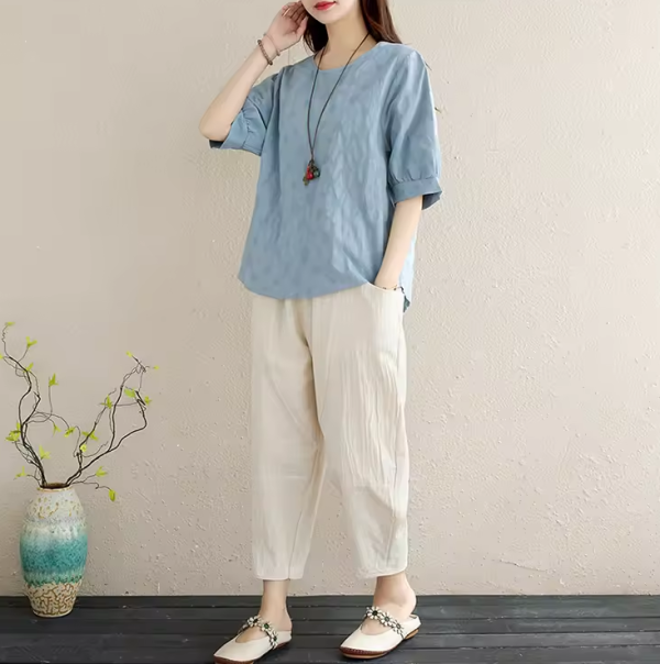2Pcs Solid Short Sleeve Blouse Pants Office Lady Cotton Linen Set Casual Loose Tops And Trousers Sets - Image 4
