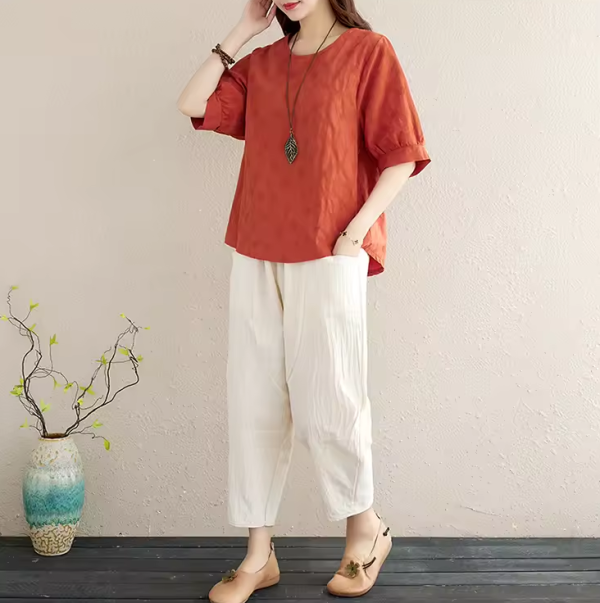 2Pcs Solid Short Sleeve Blouse Pants Office Lady Cotton Linen Set Casual Loose Tops And Trousers Sets - Image 5