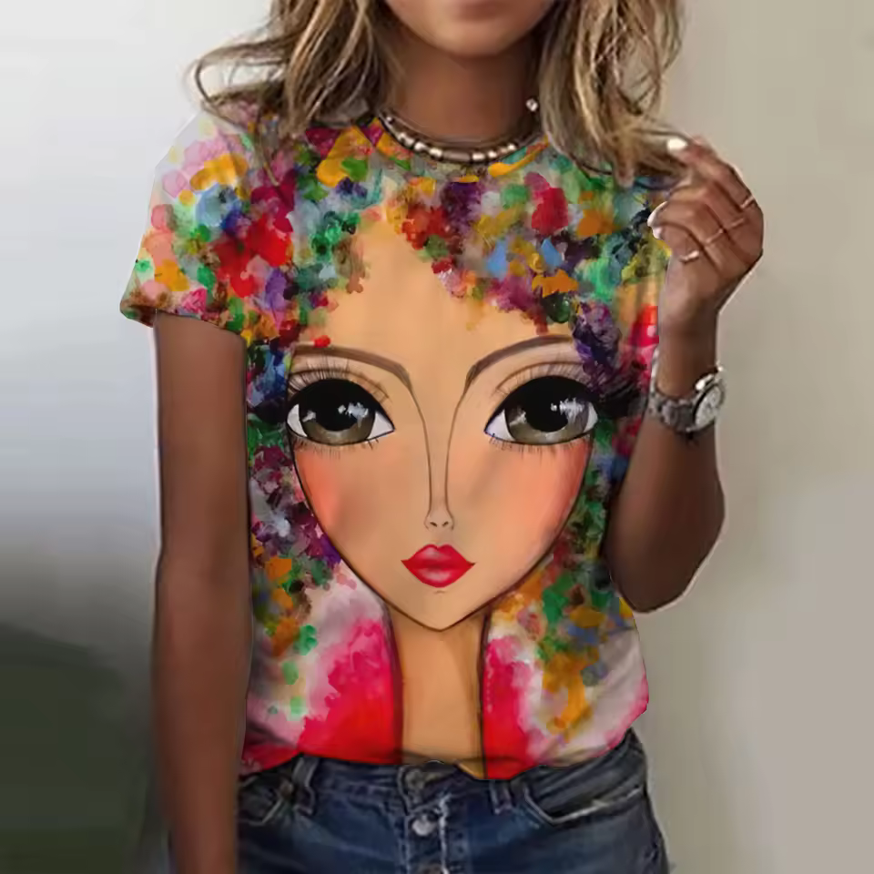 3d Floral Girls Face Painting Colorful Beautiful Short Sleeve Tees Oversized T-Shirts