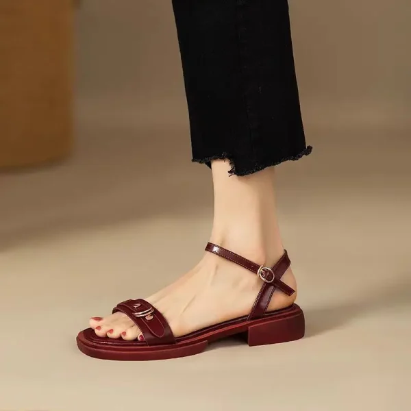Basic Genuine Leather Concise Office Style Outdoor Low Heels Sandals - Image 6