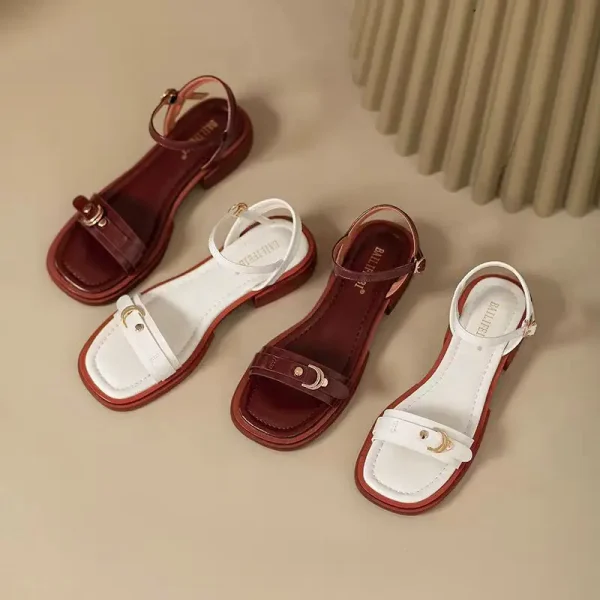 Basic Genuine Leather Concise Office Style Outdoor Low Heels Sandals - Image 8