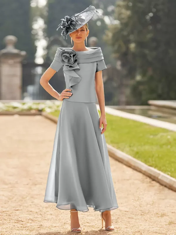 Bateau Neck Short Sleeves Two-piece Flowers Ankle-Length Wedding Guest Mother Dresses - Image 3
