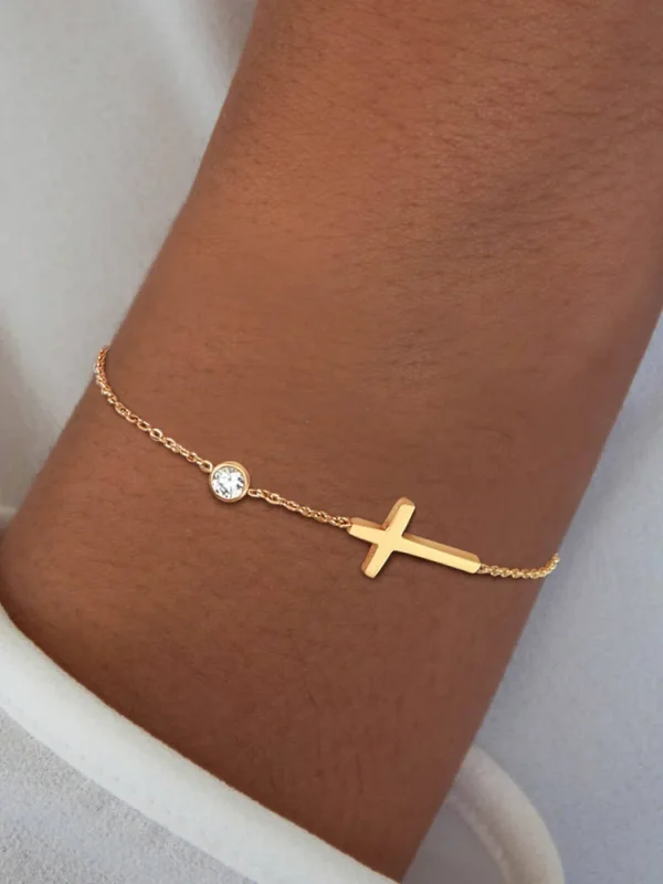 Birthstone Zirconia Thin Chain Link Cross Stainless Steel Adjustable Link Stacked Layered Chain Bracelet