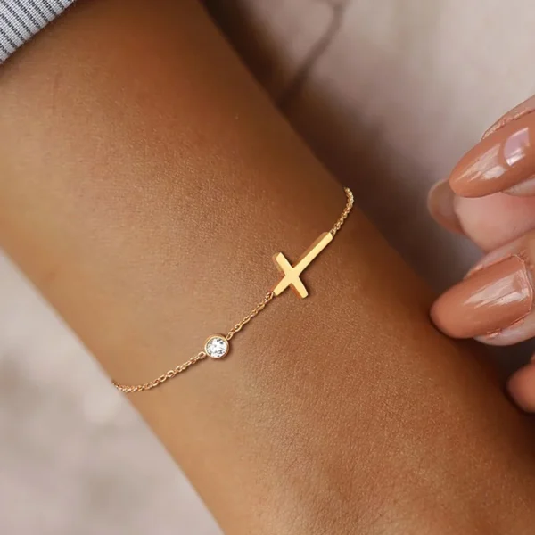 Birthstone Zirconia Thin Chain Link Cross Stainless Steel Adjustable Link Stacked Layered Chain Bracelet - Image 2