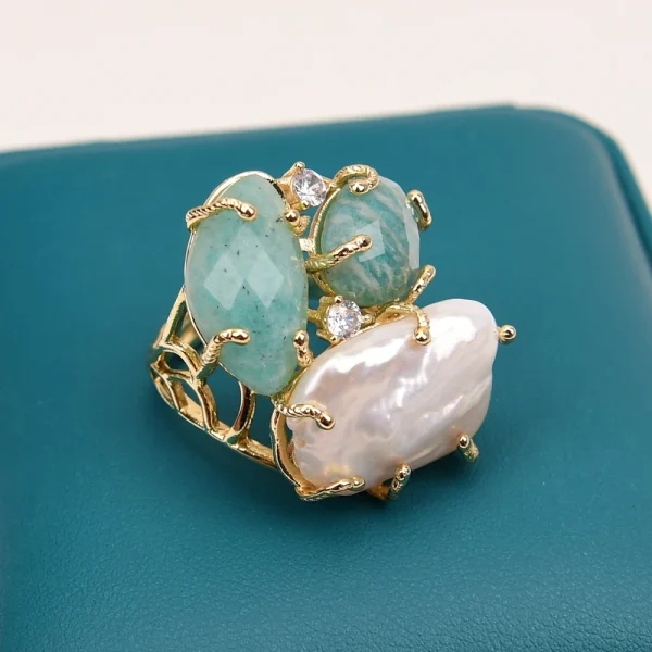 Bohemia Bezel Setting Plant Natural Keshi Pearl Amazonite Stone Plated Adjustable Ring - Image 6