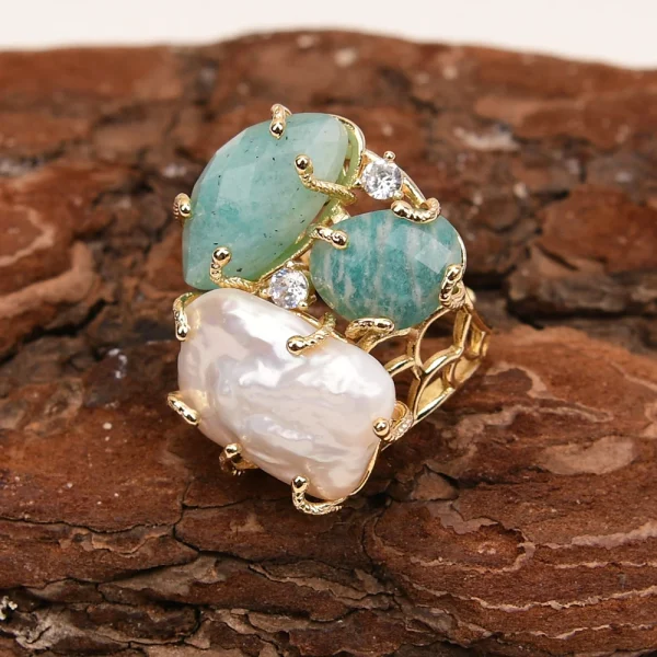 Bohemia Bezel Setting Plant Natural Keshi Pearl Amazonite Stone Plated Adjustable Ring - Image 3
