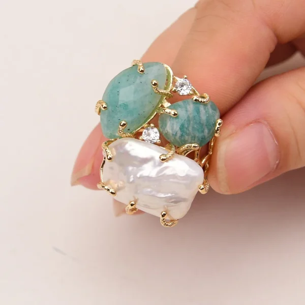 Bohemia Bezel Setting Plant Natural Keshi Pearl Amazonite Stone Plated Adjustable Ring - Image 2