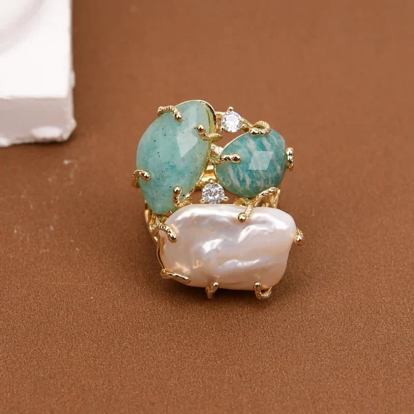 Bohemia Bezel Setting Plant Natural Keshi Pearl Amazonite Stone Plated Adjustable Ring - Image 4