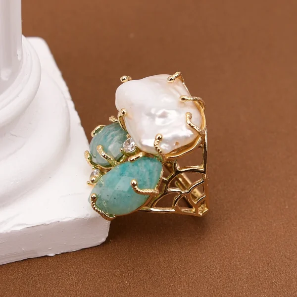 Bohemia Bezel Setting Plant Natural Keshi Pearl Amazonite Stone Plated Adjustable Ring - Image 5