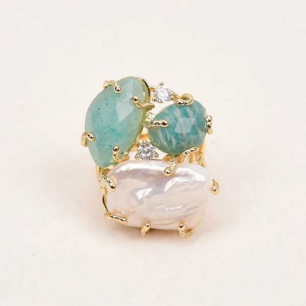 Bohemia Bezel Setting Plant Natural Keshi Pearl Amazonite Stone Plated Adjustable Ring - Image 7