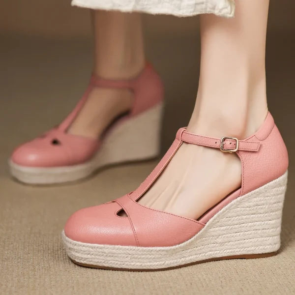 Bohemia Round Toe Narrow Band T-Strap Wedge Ultra High Heel Platform Sandals - Image 5