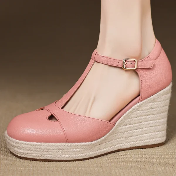 Bohemia Round Toe Narrow Band T-Strap Wedge Ultra High Heel Platform Sandals - Image 3