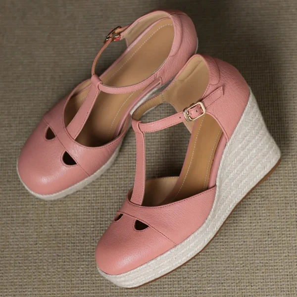 Bohemia Round Toe Narrow Band T-Strap Wedge Ultra High Heel Platform Sandals - Image 7
