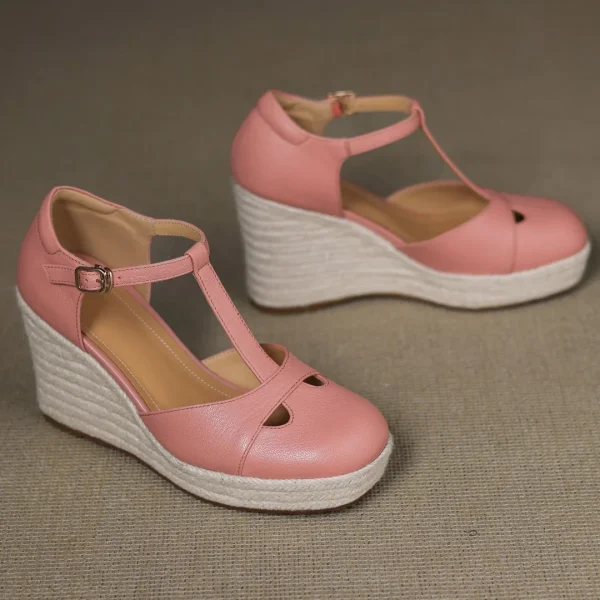 Bohemia Round Toe Narrow Band T-Strap Wedge Ultra High Heel Platform Sandals - Image 6