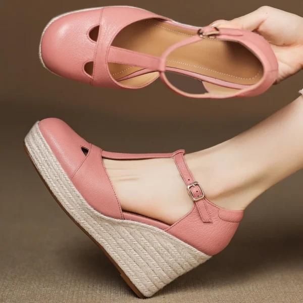 Bohemia Round Toe Narrow Band T-Strap Wedge Ultra High Heel Platform Sandals - Image 2