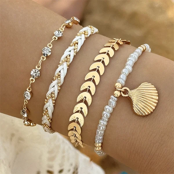 Bohemia Shell Ethnic Style Colorful Zircon Rice Beads Metal Chain Bangles Bracelets - Image 5