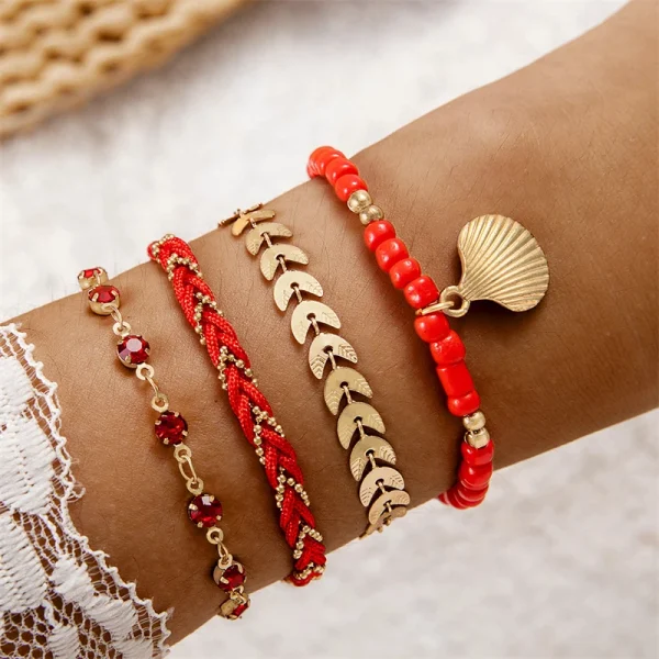 Bohemia Shell Ethnic Style Colorful Zircon Rice Beads Metal Chain Bangles Bracelets - Image 3