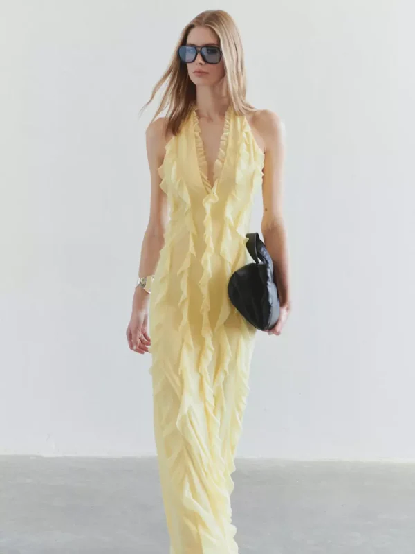 Bohemian Butter Halter Neck Ruffled Events Maxi Dress