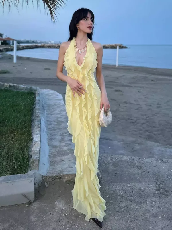 Bohemian Butter Halter Neck Ruffled Events Maxi Dress - Image 2