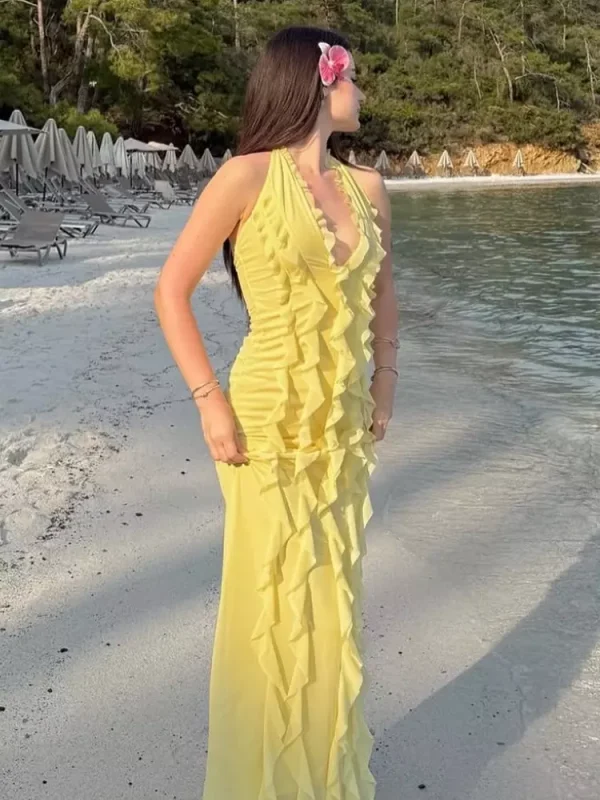 Bohemian Butter Halter Neck Ruffled Events Maxi Dress - Image 3