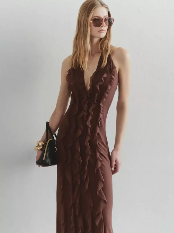 Bohemian Butter Halter Neck Ruffled Events Maxi Dress - Image 5