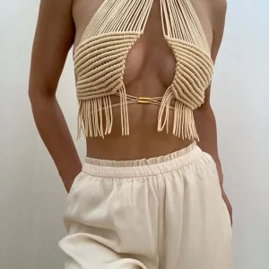 Bohemian Crochet Tassel Halter Neck Backless Crop Tops