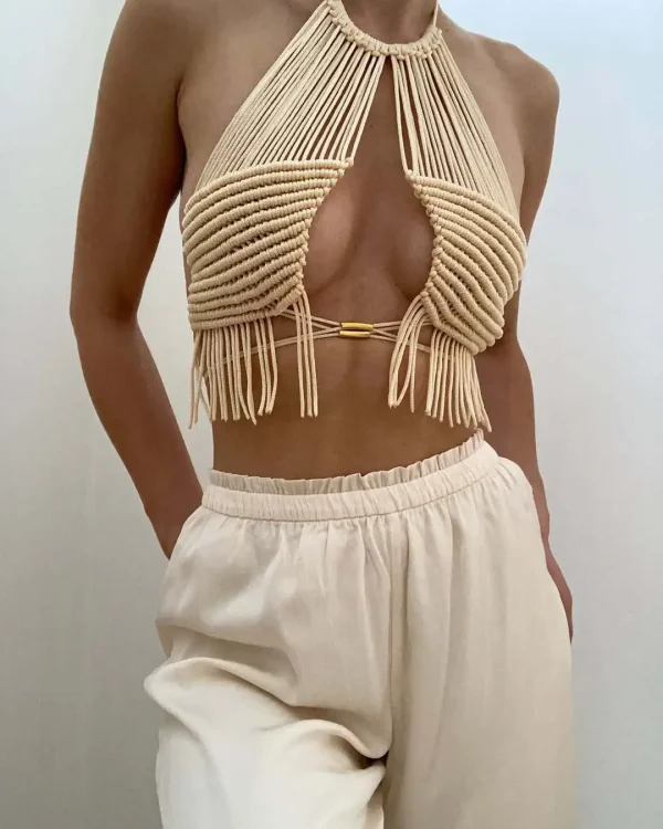 Bohemian Crochet Tassel Halter Neck Backless Crop Tops