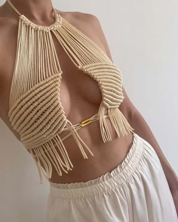 Bohemian Crochet Tassel Halter Neck Backless Crop Tops - Image 2