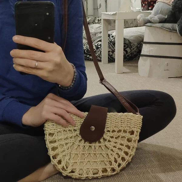 Bohemian Half Moon Shape Hollow Out Straw Rattan Handmade Messenger Travel Beach Crossbody Bags - Image 9