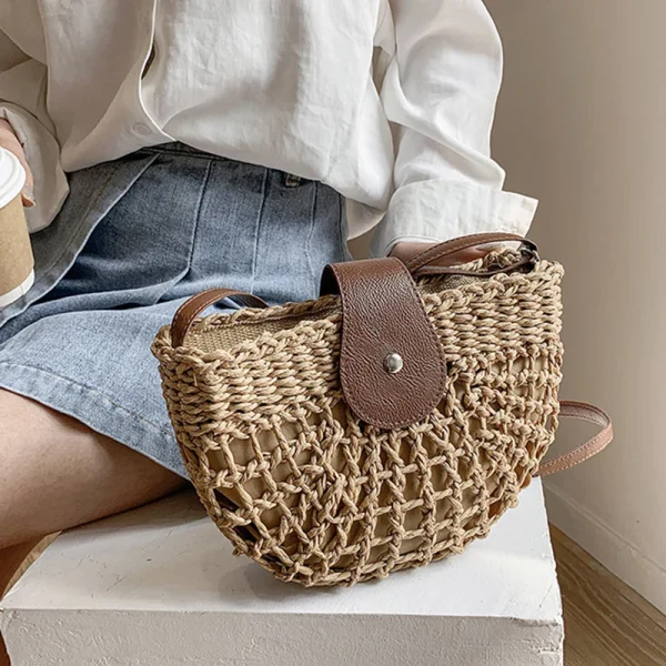 Bohemian Half Moon Shape Hollow Out Straw Rattan Handmade Messenger Travel Beach Crossbody Bags - Image 5