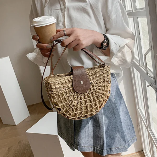 Bohemian Half Moon Shape Hollow Out Straw Rattan Handmade Messenger Travel Beach Crossbody Bags - Image 6