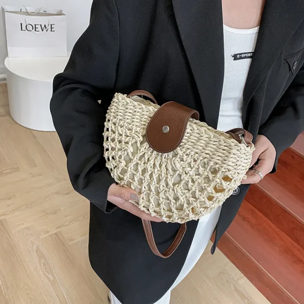 Bohemian Half Moon Shape Hollow Out Straw Rattan Handmade Messenger Travel Beach Crossbody Bags - Image 7