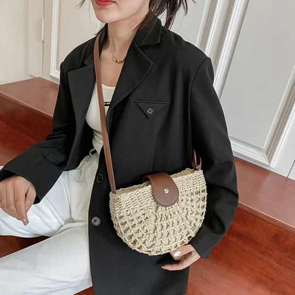 Bohemian Half Moon Shape Hollow Out Straw Rattan Handmade Messenger Travel Beach Crossbody Bags - Image 8