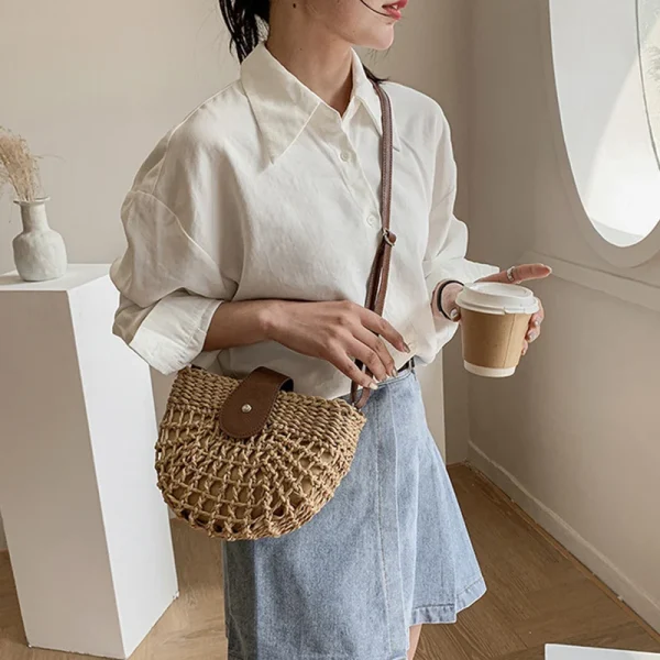 Bohemian Half Moon Shape Hollow Out Straw Rattan Handmade Messenger Travel Beach Crossbody Bags - Image 3