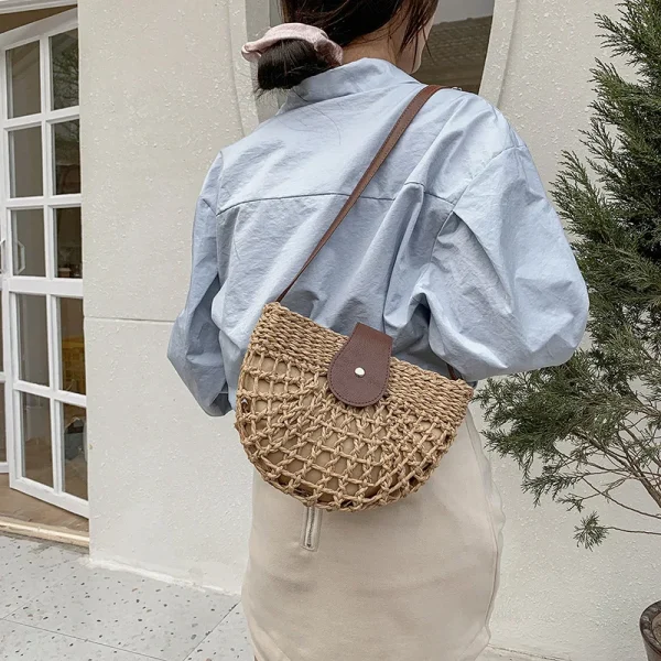 Bohemian Half Moon Shape Hollow Out Straw Rattan Handmade Messenger Travel Beach Crossbody Bags - Image 2