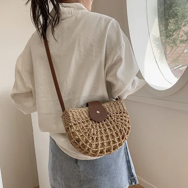 Bohemian Half Moon Shape Hollow Out Straw Rattan Handmade Messenger Travel Beach Crossbody Bags - Image 4