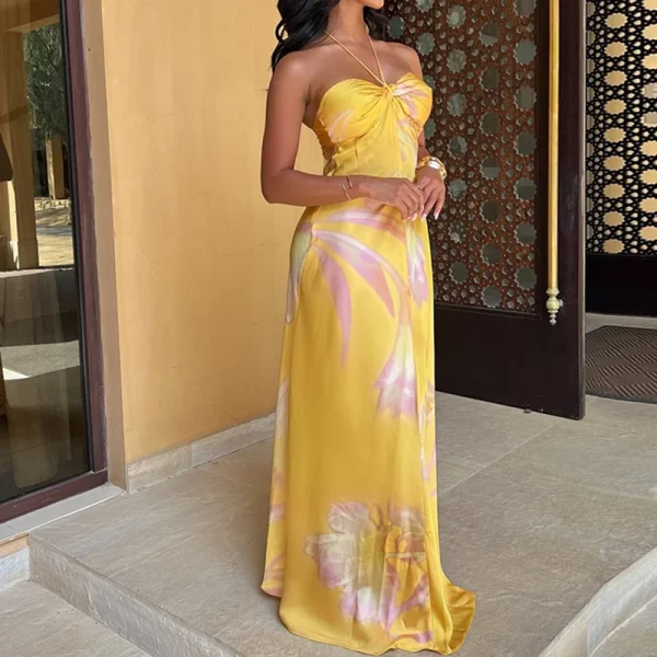 Bohemian Printed Halter Satin Hollow Off Shoulder Sleeveless Slim Party Long Dresses - Image 2