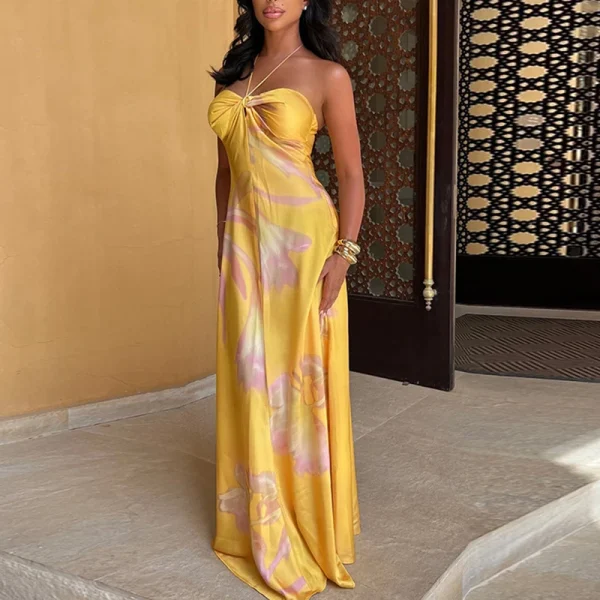 Bohemian Printed Halter Satin Hollow Off Shoulder Sleeveless Slim Party Long Dresses - Image 3